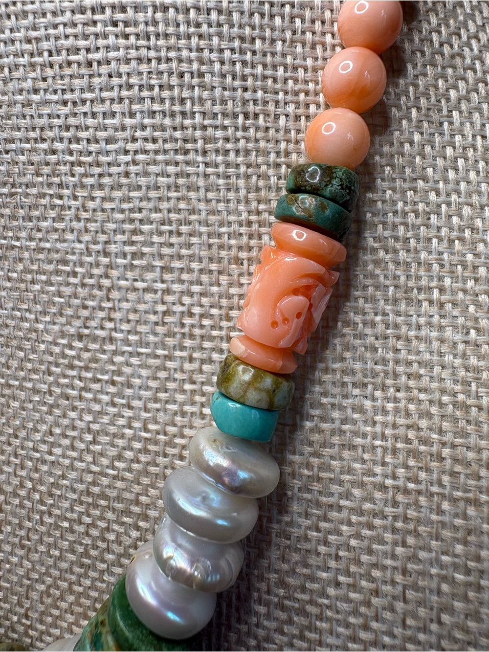 Carved Angel-skin Coral & Turquoise Pearl Necklace - Picture 3 of 3